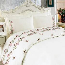 Комплект постільної білизни Mays ранфорс із вишивкою Floret V 35 двоспальний Євро, Розмір: двоспальний євро 200х220, Основний колір: кремовий