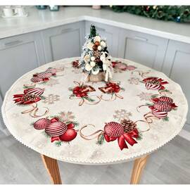 Скатертина гобеленова з мереживом O90 LiMaSo (RED BALLS-90D), Тип: скатертини, Основний колір: червоний, Форма скатертини: кругла, Розмір: Ø90