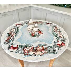 Скатертина гобеленова з мереживом O90 LiMaSo (ZERMAT-90D), Тип: скатертини, Основний колір: блакитний, Форма скатертини: кругла, Розмір: Ø90