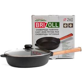 Сковорода чугунная со стеклянной крышкой 260х65,5 мм с ручкой Optima Brizoll (O2660-P-C), Цвет: коричневый, Тип: сковорода глубокая, Форма: круглая, Диаметр (см): 26