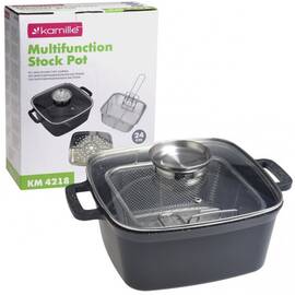 Каструля-фритюр 24 см з антипригарним покриттям Black Marble та скляною кришкою Kamille (4218)