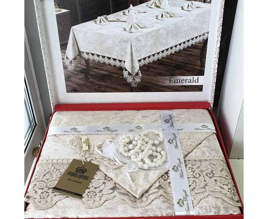 Скатерть велюр-жаккард 160х220+8 салфеток 35x35 Emerald Cappucino Maison Royal (15869)