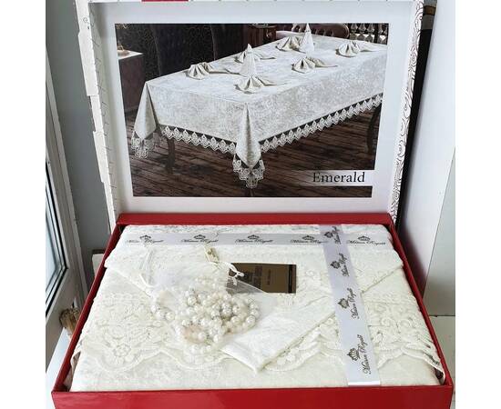 Скатертина велюр-жаккард 160х220+8 серветок 35x35 Emerald Cream Maison Royal (15868), Тип: скатертина+серветки, Основний колір: кремовий, Форма скатертини: прямокутна, Розмір: 160x220, зображення 2