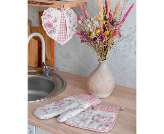 Прихватка Сердце 19х19 Прованс Bella Троянди/Рожева клітинка з мереживом (013525), изображение 2