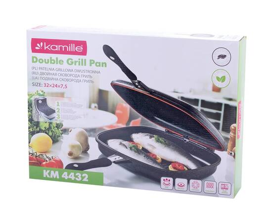 Сковорода-гриль подвійна 32x24 см із литого алюмінію Kamille (4432), Колір: чорний, Тип: сковорода гриль, Форма: прямокутна, Діаметр (см): 32, зображення 3