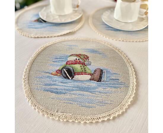Серветка-підкладка під тарілку з мереживом Сніговики-витівники O20 LiMaSo (ROUND1062M-20D), Тип: салфетки, Цвет: голубой, Форма скатерти: круглая, Размер: Ø20, изображение 2