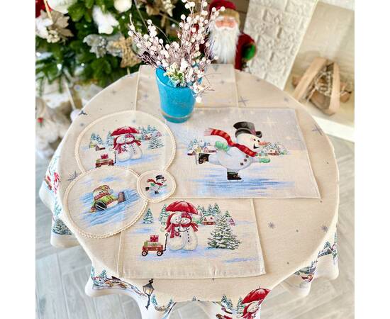 Серветка-підкладка під тарілку з мереживом Сніговики-витівники O20 LiMaSo (ROUND1062M-20D), Тип: салфетки, Цвет: голубой, Форма скатерти: круглая, Размер: Ø20, изображение 3