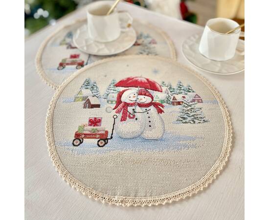 Серветка-підкладка під тарілку з мереживом Сніговики-витівники O30 LiMaSo (ROUND1062M-30D), Тип: серветки, Основний колір: червоний, Форма скатертини: кругла, Розмір: Ø30, зображення 2
