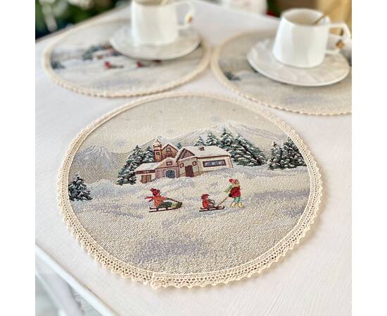 Серветка-підкладка під тарілку з мереживом Зимова пригода O25 LiMaSo (ROUND1004M-25D), Тип: салфетки, Цвет: красный, Форма скатерти: круглая, Размер: Ø25, изображение 2