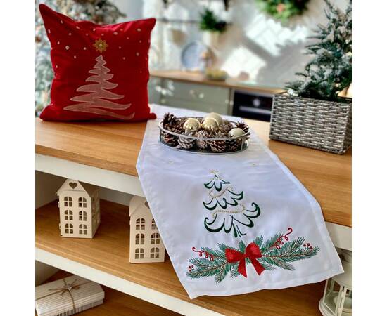Наперон вишиваний Ялинка з бантом 40x140 LiMaSo (NPVN012-40), Тип: дорожки (раннеры), Цвет: белый, Форма скатерти: прямоугольная, Размер: 40x140, изображение 3