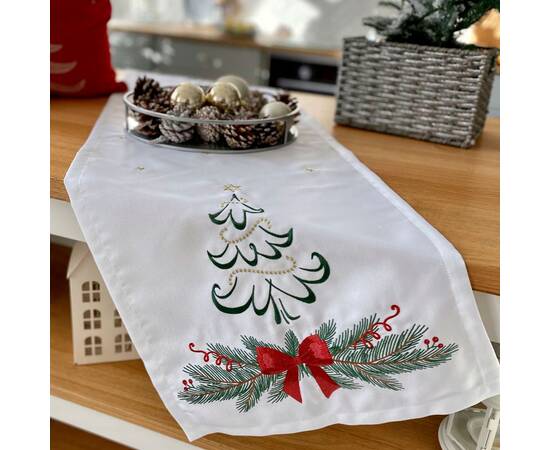 Наперон вишиваний Ялинка з бантом 40x140 LiMaSo (NPVN012-40), Тип: дорожки (раннеры), Цвет: белый, Форма скатерти: прямоугольная, Размер: 40x140, изображение 4