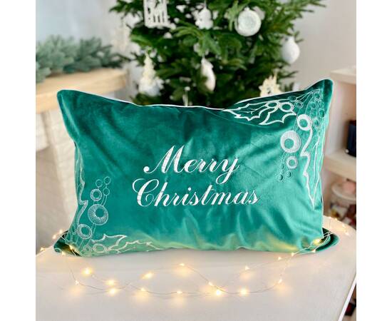 Наволочка новорічна бархатна вишивана Merry Christmas 42х65 LiMaSo (NOV01S), Колір: зелений, Тип: наволочки, Розмір: 42x65, зображення 2