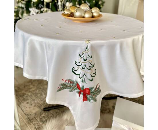 Вишивана скатертина Ялинка з бантом 135x135 LiMaSo (SKVN012-135), Тип: скатерти, Цвет: белый, Форма скатерти: прямоугольная, Размер: 135x135, изображение 3