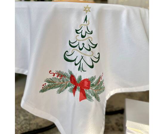 Вишивана скатертина Ялинка з бантом 135x135 LiMaSo (SKVN012-135), Тип: скатерти, Цвет: белый, Форма скатерти: прямоугольная, Размер: 135x135, изображение 4