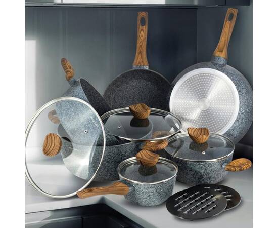 Набір посуду 12 предметів з підставками (каструлі 20,24,28 см, ковш16см сотейник 28 см сковорода 24 см) Kamille (4440), зображення 2
