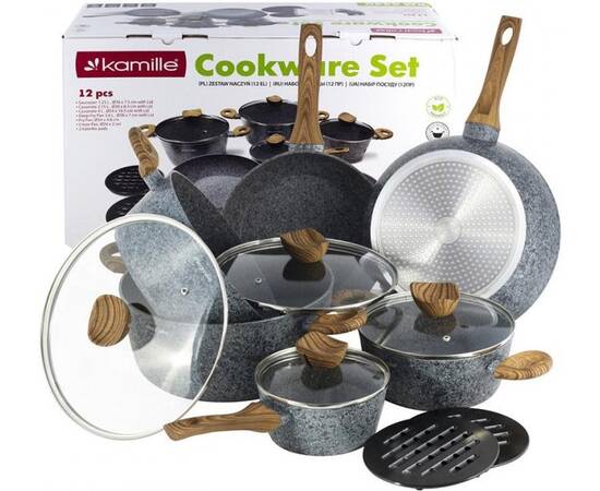 Набір посуду 12 предметів з підставками (каструлі 20,24,28 см, ковш16см сотейник 28 см сковорода 24 см) Kamille (4440), зображення 6