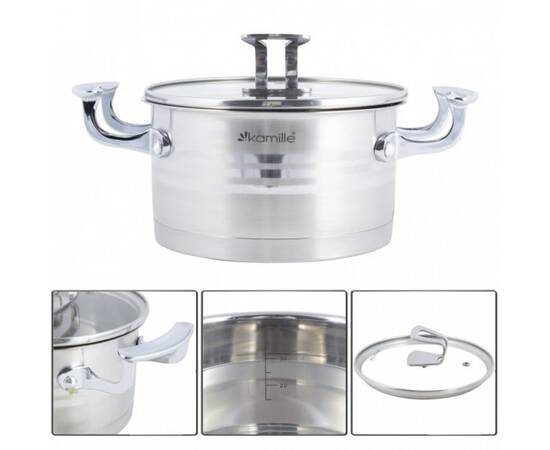 Каструля 22x12 см, 4,4L з кришкою Kamille (5856), Тип: каструля, Об'єм: 4,4 л, Колір: срібний, зображення 2