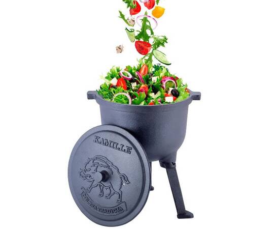 Казан чавунний на ніжках з кришкою та кріпленнями 4л. Kamille (4800V), Об’єм казана: 4 л, Наявність кришки: з чавунною кришкою, зображення 3