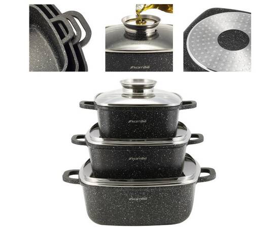 Набір посуду 7 предметів з прихватками (каструлі квадратні 20 см, 24 см, 28 см, прихватки 2шт) Kamille (4435), зображення 6