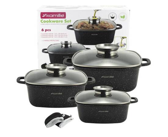 Набір посуду 7 предметів з прихватками (каструлі квадратні 20 см, 24 см, 28 см, прихватки 2шт) Kamille (4435), зображення 7