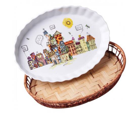 Форма керамічна для запікання 2.1л (33x24x4.5 см) овальна з ротанговим кошиком Kamille (6300), зображення 2