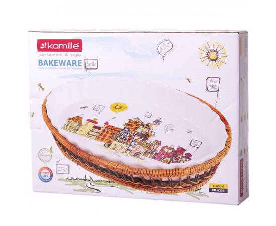 Форма керамічна для запікання 2.1л (33x24x4.5 см) овальна з ротанговим кошиком Kamille (6300), зображення 3