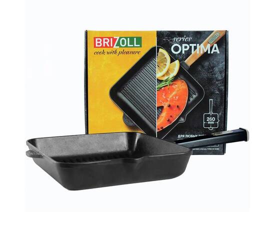 Сковорода чавунна квадратна гриль 280х280х57, 5 мм з ручкою Optima-Black Brizoll (O282850G-P1), Колір: чорний, Тип: сковорода гриль, Форма: квадратна, Діаметр (см): 28, зображення 3