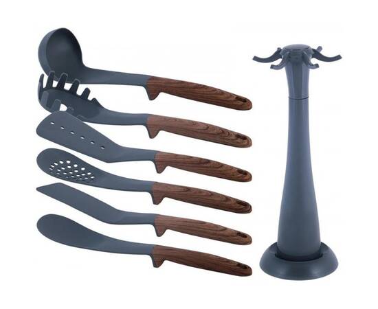 Набор кухонных принадлежностей с подставкой 7 предметов нейлоновые с ручкой под дерево Kamille (5236), изображение 2