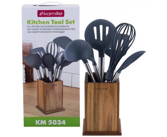 Набор кухонных принадлежностей с подставкой 7шт нейлоновые с ручкой из бамбука Kamille (5034), изображение 4
