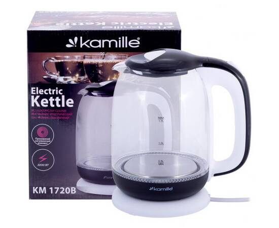 Чайник 1,7л электрический из боросиликатного стекла, бело-чёрный Kamille (1720B), изображение 5