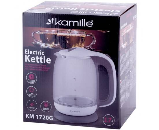 Чайник 1,7л электрический из боросиликатного стекла, бело-серый Kamille (1720G), изображение 6