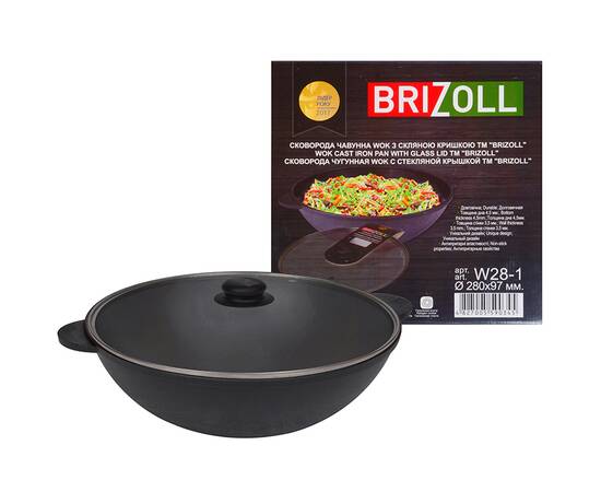 Сковорода чугунная WOK со стеклянной крышкой 3,7 л 280х96 мм Brizoll (W28-6), Цвет: черный, Тип: сковорода вок, Форма: круглая, Диаметр (см): 28, изображение 2