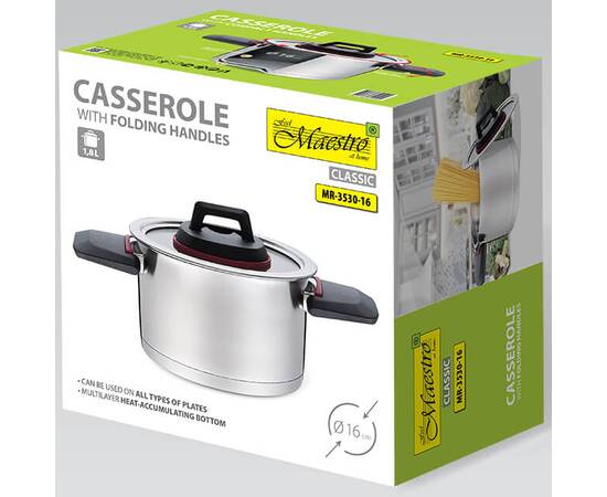 Каструля 16 см 1,6 л.з складними ручками Maestro (MR3530-16), Тип: каструля, Об'єм: 1,6 л, Колір: срібний, зображення 4