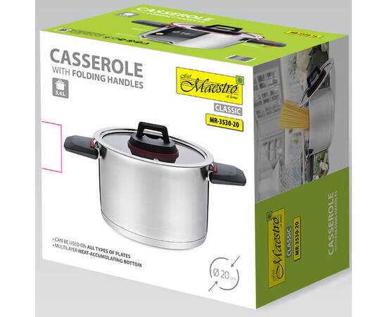 Каструля 20 см 3,2 л.з складними ручками Maestro (MR3530-20), Тип: каструля, Об'єм: 3,2 л, Колір: срібний, зображення 3