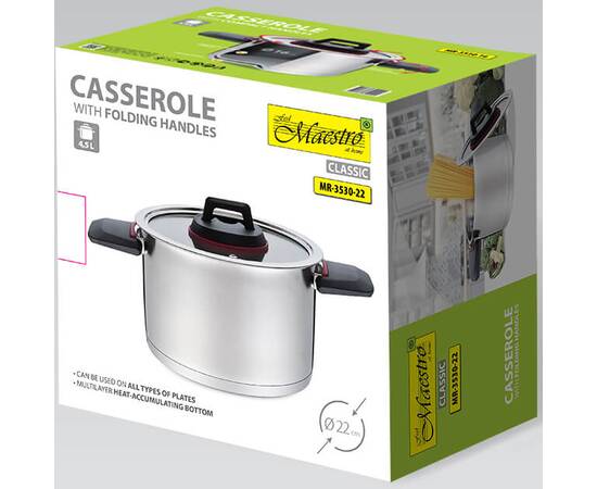 Каструля 22 см 4,2 л зі складними ручками Maestro (MR3530-22), Тип: каструля, Об'єм: 4,2 л, Колір: срібний, зображення 3