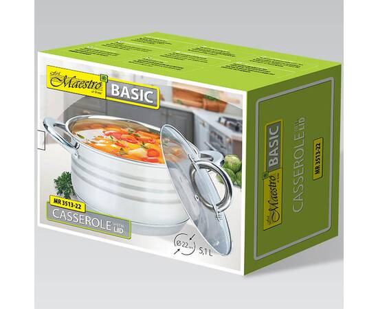 Каструля 22 см, 5,1 л Maestro (MR3513-22), Тип: каструля, Об'єм: 5,1 л, Колір: срібний, зображення 2