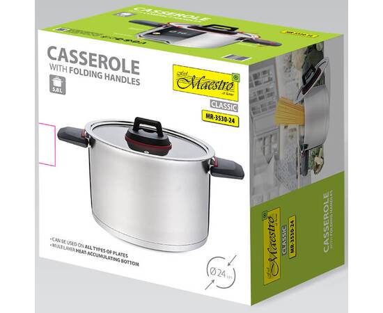 Каструля 24 см 5,5 л зі складними ручками Maestro (MR3530-24), Тип: каструля, Об'єм: 5,5 л, Колір: срібний, зображення 3