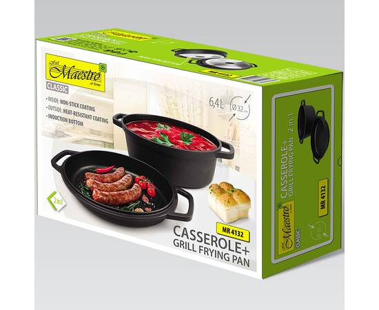 Каструля овальна Maestro з кришкою-сковородою гриль 6,4 л (MR4132), Тип: каструля, Об'єм: 6,4 л, Колір: чорний, зображення 3