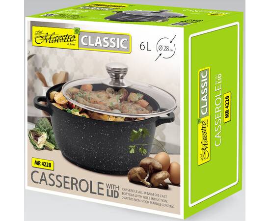 Каструля Maestro зі скляною кришкою 6 л (MR4228), Тип: каструля, Об'єм: 6 л, Колір: чорний, зображення 2