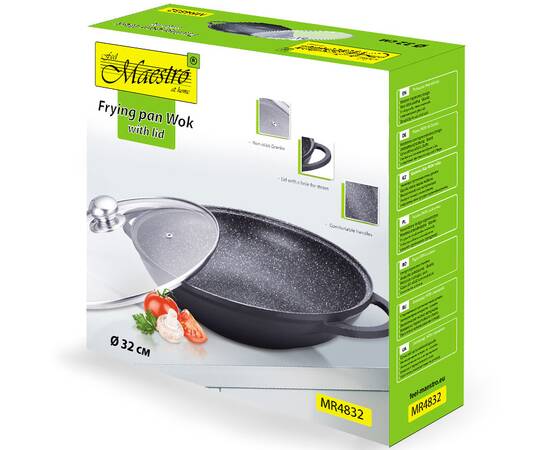 Сковорода WOK 32 см із скляною кришкою Granite Maestro (MR4832), зображення 4