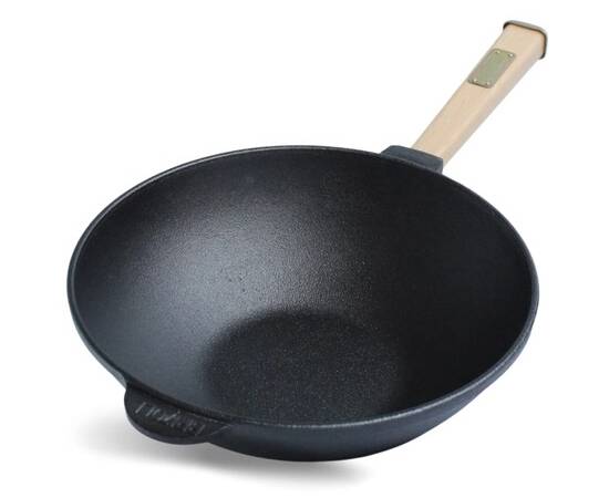 Сковорода чугунная WOK с деревянной ручкой и стеклянной крышкой 2,8 л 260х80 мм Brizoll (W26H-6), Цвет: черный, Тип: сковорода вок, Форма: круглая, Диаметр (см): 26, изображение 2