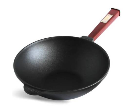 Сковорода чавунна WOK з дерев'яною ручкою Bordo та чавунною кришкою 2,8 л 260х80 мм Brizoll (W26HP2-1), Колір: бордовий, Тип: сковорода вок, Форма: кругла, Діаметр (см): 26, зображення 2