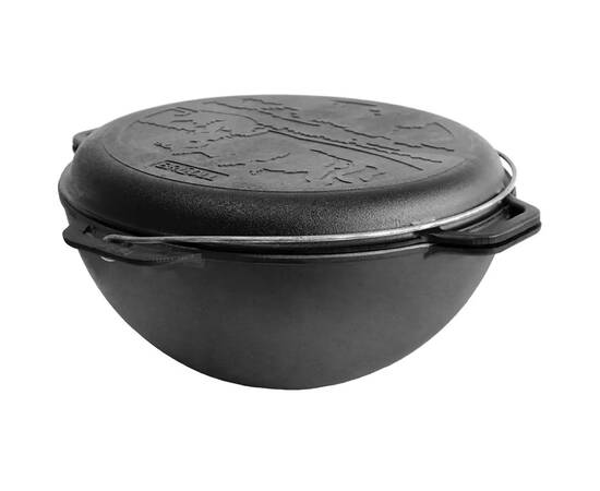 Казан азиатский чугунный с чугунной крышкой - сковородой 12 л Азия Brizoll (KA12-2), Объем казана: 12 л, Наличие крышки: с крышкой-сковородой, изображение 3