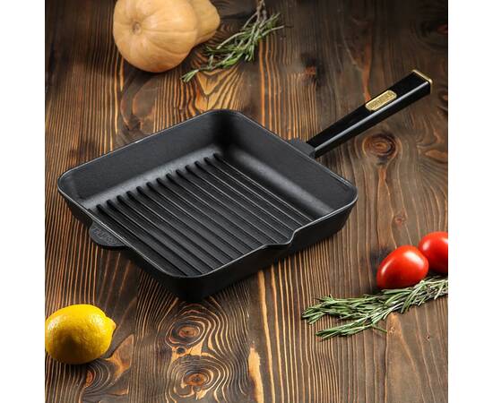 Сковорода чугунная квадратная гриль 260х260х57,5 мм с ручкой Optima-Black Brizoll (O262650G-P1), Цвет: черный, Тип: сковорода-гриль, Форма: квадратная, Диаметр (см): 26, изображение 2
