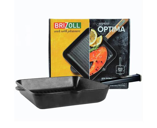 Сковорода чугунная квадратная гриль 260х260х57,5 мм с ручкой Optima-Black Brizoll (O262650G-P1), Цвет: черный, Тип: сковорода-гриль, Форма: квадратная, Диаметр (см): 26, изображение 4