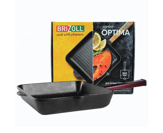 Сковорода чугунная квадратная гриль 260х260х57,5 мм с ручкой Optima-Bordo Brizoll (O262650G-P2), Цвет: бордовый, Тип: сковорода-гриль, Форма: квадратная, Диаметр (см): 26, изображение 4