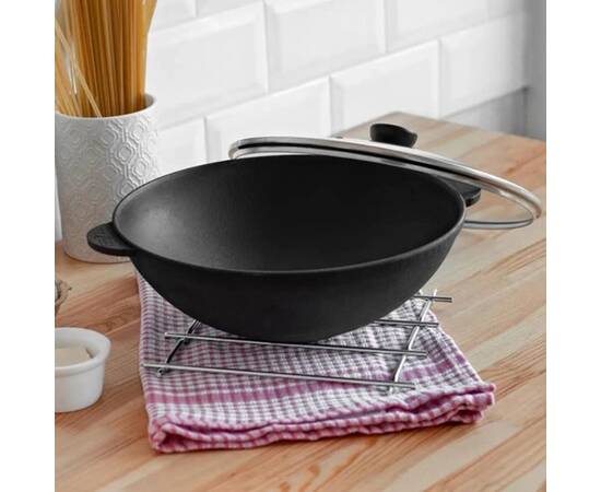 Сковорода чугунная WOK со стеклянной крышкой 4,7 л 300х103 мм Brizoll (W30-6), Цвет: черный, Тип: сковорода вок, Форма: круглая, Диаметр (см): 30, изображение 3