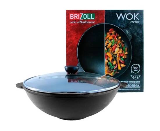 Сковорода чугунная WOK со стеклянной крышкой 4,7 л 300х103 мм Brizoll (W30-6), Цвет: черный, Тип: сковорода вок, Форма: круглая, Диаметр (см): 30, изображение 4