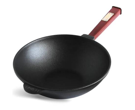 Сковорода чавунна WOK з дерев'яною ручкою Bordo та скляною кришкою 2,8 л 260х80 мм Brizoll (W26HP2-6), Колір: бордовий, Тип: сковорода вок, Форма: кругла, Діаметр (см): 26, зображення 3