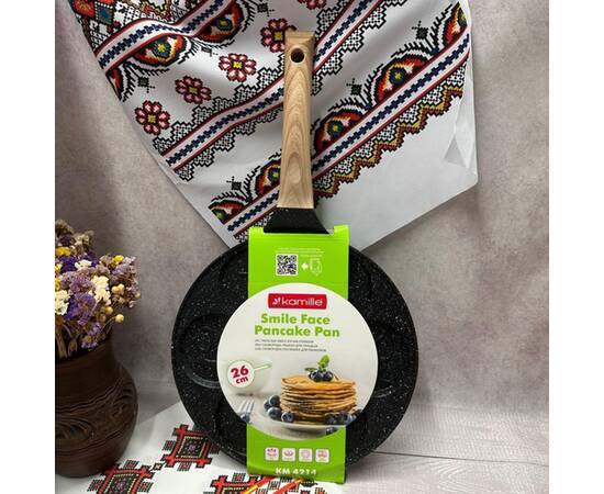 Сковорода для оладий 26 см Улыбки с антипригарным покрытием Black Marble Kamille (4214), изображение 3